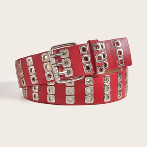Red punk style leather belt with triple-row silver metal eyelets and double-prong buckle