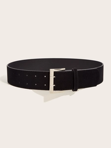 Detail of black wide suede belt with double pin silver buckle and dual row adjustment holes