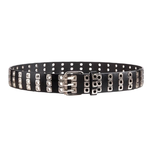 Punk black double-prong buckle belt with silver metal grommets for jeans decoration