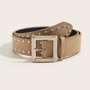 Cintura vintage in pelle scamosciata kaki con rivetti metallici argento e fibbia quadrata