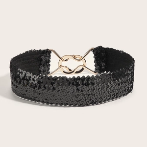 Elastic black sequin corset belt for women featuring a stylish gold double ring metal buckle