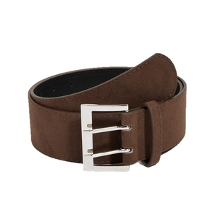 Vintage brown wide waist belt for women with silver metal double pin buckle on white backdrop