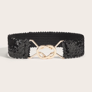 Elastic black sequin wide waist belt with golden double ring interlocking metal buckle