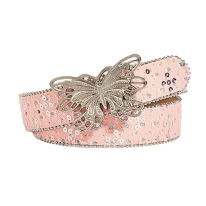 Ceinture rose en toile pour femme avec paillettes argentées et boucle papillon en métal