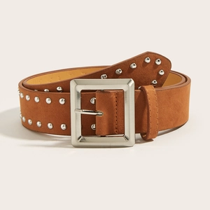 Cintura vintage in pelle scamosciata marrone con borchie argento e fibbia quadrata