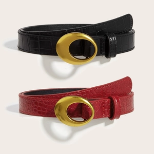 Women Fashion PU Leather Belt Gold Oval Buckle Vintage Crocodile Pattern Waist Strap All-Match Thin Belt For Jeans Dress
