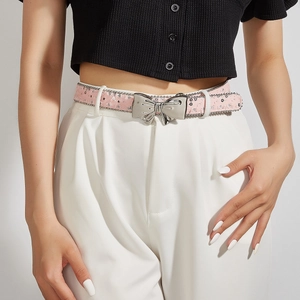 Women Sweet Butterfly Buckle Waist Belt Shiny Sequin Woven Fabric Decorative Belt For Jeans Party Casual Fashion Accessories