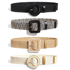 Cintura Intrecciata da Donna Bohémien Con Fibbia a Perline Rotonda Quadrata Paglia PP Fascia Casual per Decorazione Abito
