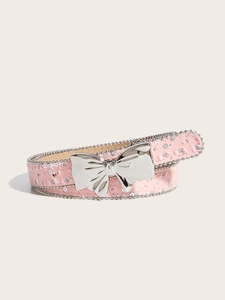 Detail of pink tweed woven belt with silver butterfly buckle and metallic bead edge