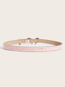 Close-up of pink sequined canvas belt for women with a silver butterfly metal buckle