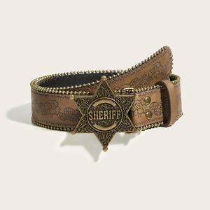 Western Cowboy PU Leather Belt With Embossed Floral Pattern Bronze Sheriff Star Buckle Punk Retro Rivet Waistband For Men