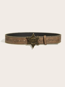 Detail of brown western leather belt with floral embossing and bronze sheriff star buckle