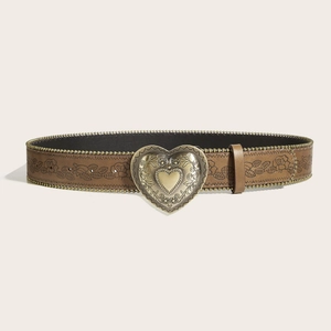 Western style brown leather belt featuring a large heart-shaped embossed metal buckle