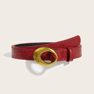 Deep red crocodile embossed leather belt for women with elegant golden oval buckle