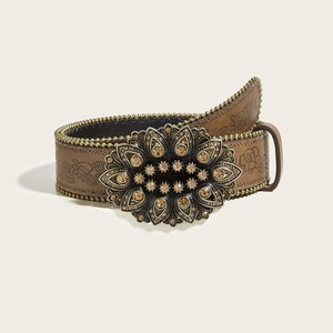 Vintage PU Leather Women Belt Retro Bohemian Embossed Floral Rhinestone Flower Buckle Waistband Hip Hop Punk Rivet Belt
