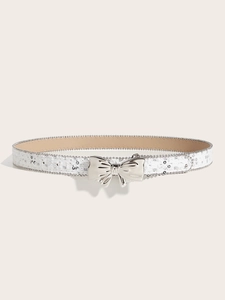 Macro detail of white sequin canvas belt with silver butterfly buckle for women