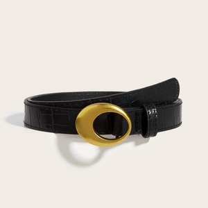Classic black faux-crocodile leather belt with an oval golden metal buckle for women