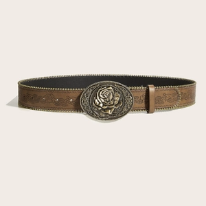 Brown vintage leather belt with floral embossing and a large rose relief buckle