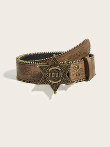 Detail of floral embossed brown leather belt with gold studs and sheriff star buckle