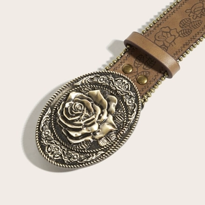 Retro brown embossed rose leather belt with vintage floral buckle in western style