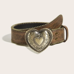 Women Vintage Punk PU Leather Belt Heart Metal Buckle Floral Embossed Beaded Edge Western Bohemian Style Waist Strap