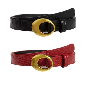 Women's burgundy and black crocodile pattern belts with elegant gold oval buckles