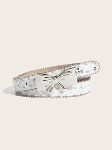 Detail of white lace belt with silver sequins and a metallic butterfly buckle for jeans