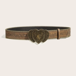 Vintage brown embossed leather belt with double heart buckle and studded metal trim