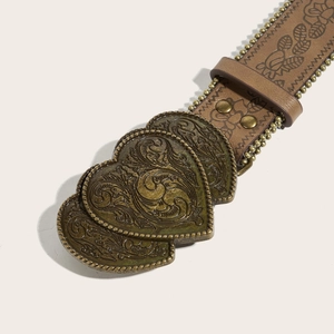 Brown embossed leather belt with heart-shaped bronze buckle and gold stud trim decoration