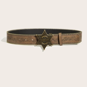 Brown leather belt with floral embossing and gold Sheriff star buckle in western style