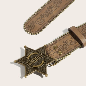 Brown leather belt with embossed floral pattern and vintage Sheriff star buckle