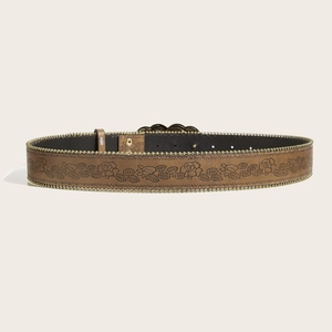 Brown leather punk belt with embossed floral patterns and gold bead trim details