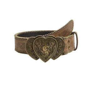 Vintage western brown leather belt with embossed floral pattern and bronze double heart buckle