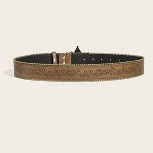Vintage punk leather belt with floral embossing and decorative gold metallic studs