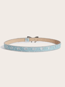 Detailed close-up of light blue denim belt with silver sequins and bead trim