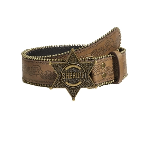Brown western leather belt with floral embossing and bronze Sheriff star buckle