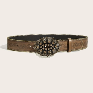 Vintage brown leather belt with metal bead trim and ornate bronze floral buckle