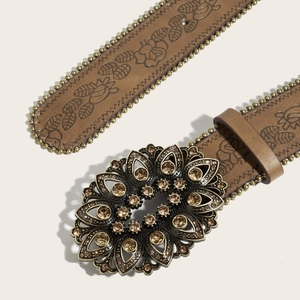 Vintage brown leather belt with floral embossing and crystal flower buckle for women