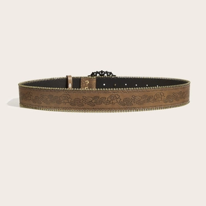 Brown vintage punk belt with floral embossing and golden metal studs for fashion styling