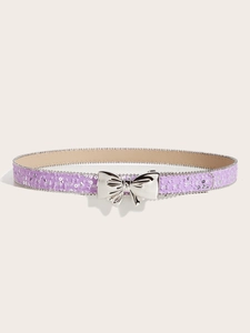 Detailed view of lavender canvas belt with sparkling butterfly buckle and silver bead edges