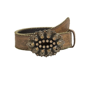 Vintage brown leather belt with large sunflower buckle and floral embossing