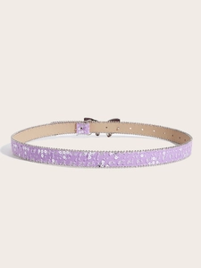 Detail of purple sequin belt with silver bead trim and a decorative butterfly buckle