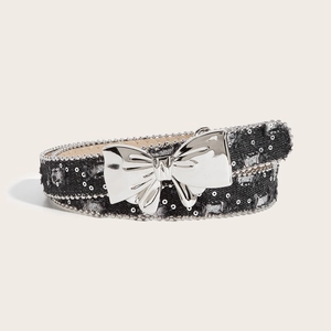 Women's denim canvas belt with a large silver butterfly buckle and metallic bead edges