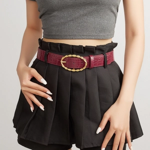 Women Fashion PU Leather Belt Vintage Crocodile Pattern Embossed Waistband With Golden Oval Woven Texture Pin Buckle