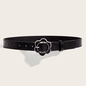 Black crocodile-embossed leather belt featuring a silver floral buckle in a 3D loop view
