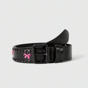 Punk black leather belt with pink bows and square studs for jeans decoration