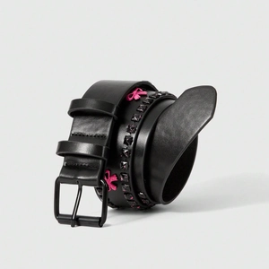 Punk style black leather belt with pink 3D bows and square metal rivets for women