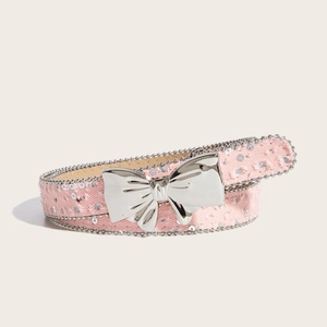 Pink canvas belt for women with large silver mirror bow buckle and sequin details