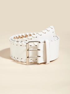 Detail of white wide leather belt with braided stitching and silver double-pin buckle