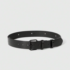 Punk style black leather belt with double grommets and matte black metal square buckle
